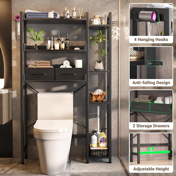 Besiost Over The Toilet Storage, 7 Tier Bathroom Organizer with Reversible Side Shelf and 2 Fabric Drawers, Adjustable Freestanding Rack Space Saver for Small Spaces, Black
