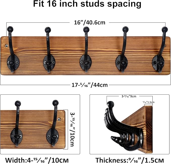 WEBI Rustic Coat Rack Wall Mount,5 Cast Iron Coat Hooks Wall Mounted,Heavy Duty Wall Coat Hanger Hooks for Hanging Coats,Clothes,Brown,2 Packs