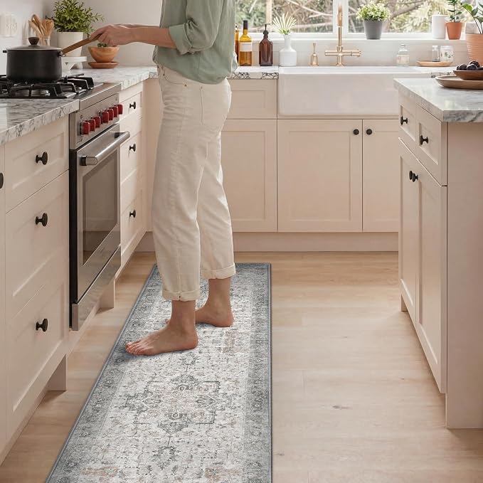 GENIMO Kitchen Rugs Non Slip Washable, 2PCS Kitchen Mats for Floor, Cushioned Standing Mat, Kitchen Runner Rug Floor Mat for Kitchen Decor, Laundry, Sink, Home, 20"x32"+20"x59", Light Taupe Brown