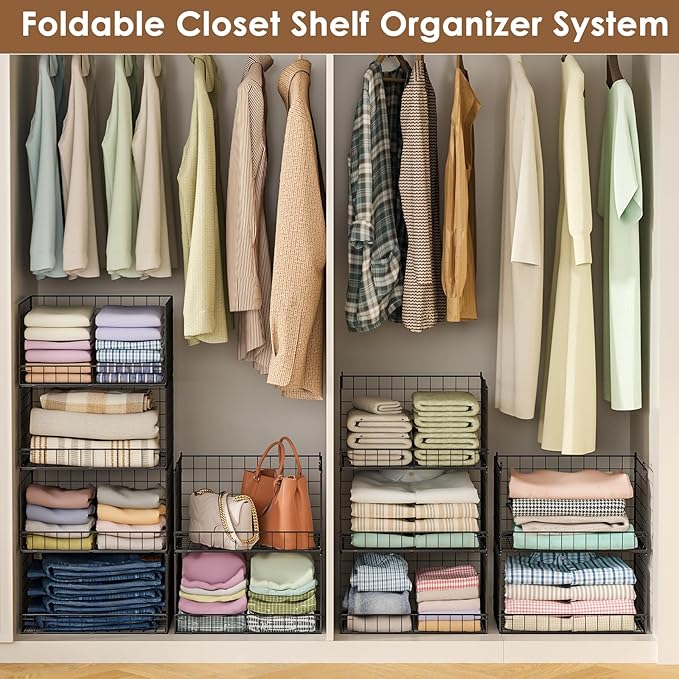 Yociyoga 3-Tier Stackable Closet Organizers and Storage Shelves, Foldable Closet Shelf Organizer, Stackable Storage Bins Drawers for Closet Organizer System, Black(Patent No. 30022416)