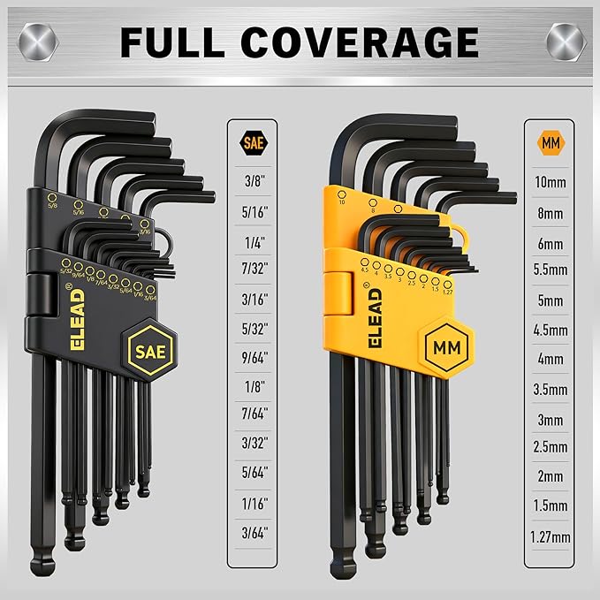 ELEAD Hex Key Allen Wrench Set: 27-Piece Premium MM(1.27mm-10mm) & SAE(3/64"-3/8) Allen Key Set with Grip Handle, Long and Short Arm with Ball End, Organized Storage