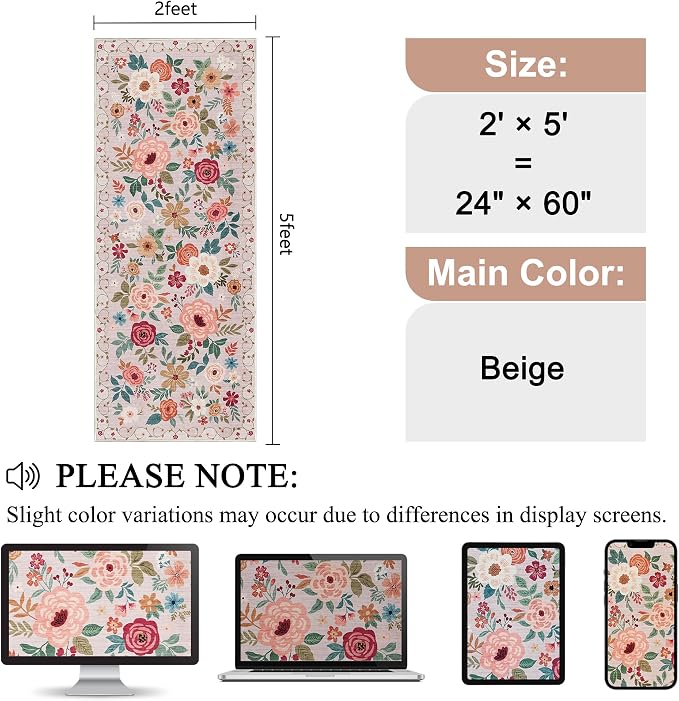 DUKINO 2x5 Runner Rug for Hallway, Washable Kitchen Floral Runner Rug with Non Slip Backing, Low Pile Soft Boho Carpet for Kitchen, Hallway, Entryway, Laundry, Bedroom, Beige