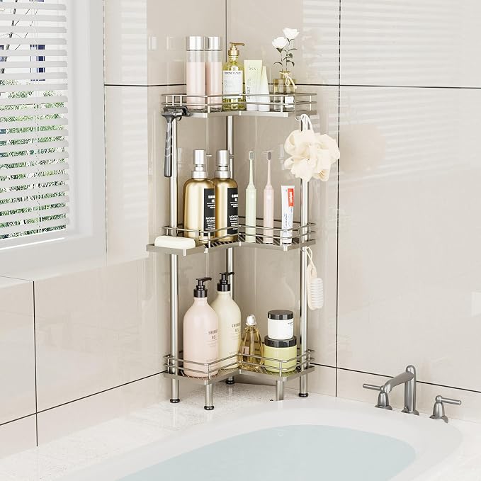 Consumest Corner Shower Caddy Standing - 3-Tier Stainless Steel Shower Organizer with Soap Holder and 4 Hooks, Large Capacity Corner Shelf Stand for Bathroom, Rest Room, Sand Nickel