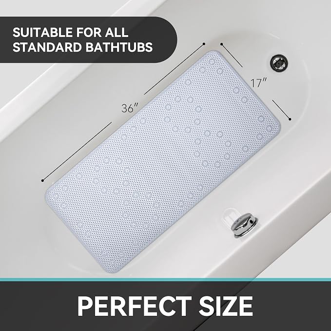 Bathtub Mat Non Slip 36” X 17” Gray Blue Shower Mat Soft Foam Bath Mats for Bathroom Tub, Bathtub Mat with Drain Holes, Suction Cups, Shower Mat Non Slip