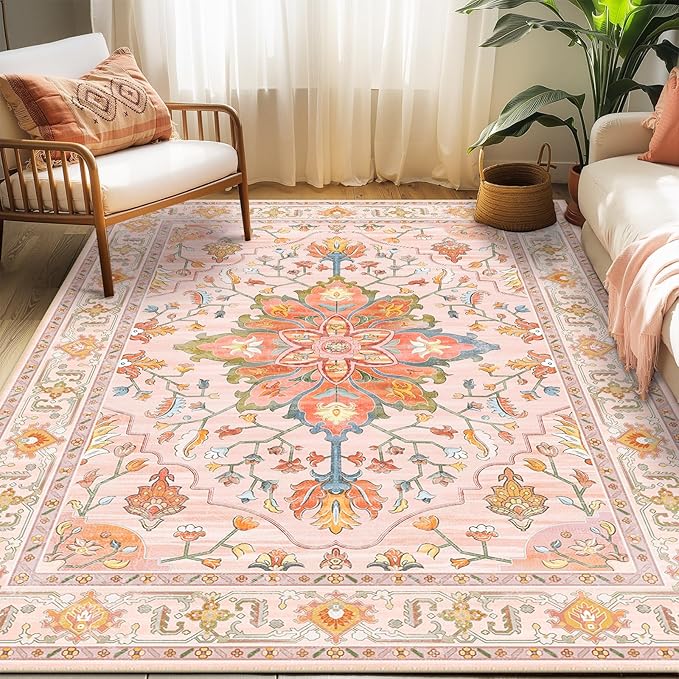 RELEANY Area Rugs 5'x7' Washable Non-Slip, Floral Vintage Distress Medallion Carpet for Living Room Bedroom Dining Room, Light Pink Colorful