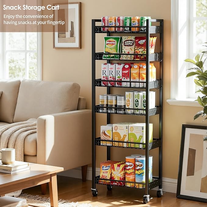 6 Tier Slim Storage Cart, Narrow Rolling Cart with Wheels, Narrow Mobile Utility Shelf Unit Organizer for Kitchen, Bathroom, Laundry Room, Living Room, Small Places, 10in(W), Black