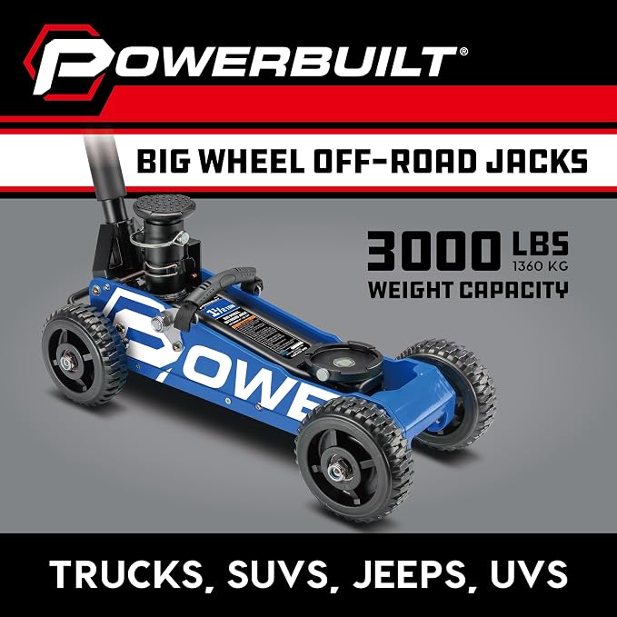 Powerbuilt 1.5 Ton Big Wheel Off Road Jack, Vehicle Lift for Trucks, SUVs, ATVs Offroad Vehicles, Oversized Wheels for Rugged Terrain, 3000 LB Capacity, Blue 620625ECE