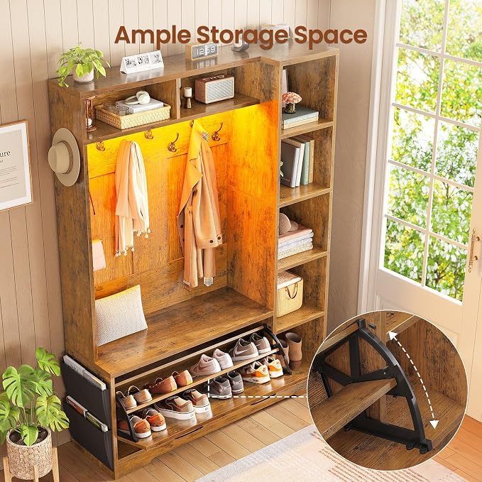 Itaar Hall Tree with Bench and Shoe Storage, Farmhouse Entryway Bench with Coat Rack, Shoe Cabinet with Flip Drawers, 7 Shelves, 10 Coat Hooks, Storage Bag, Led Lights, Rustic Brown