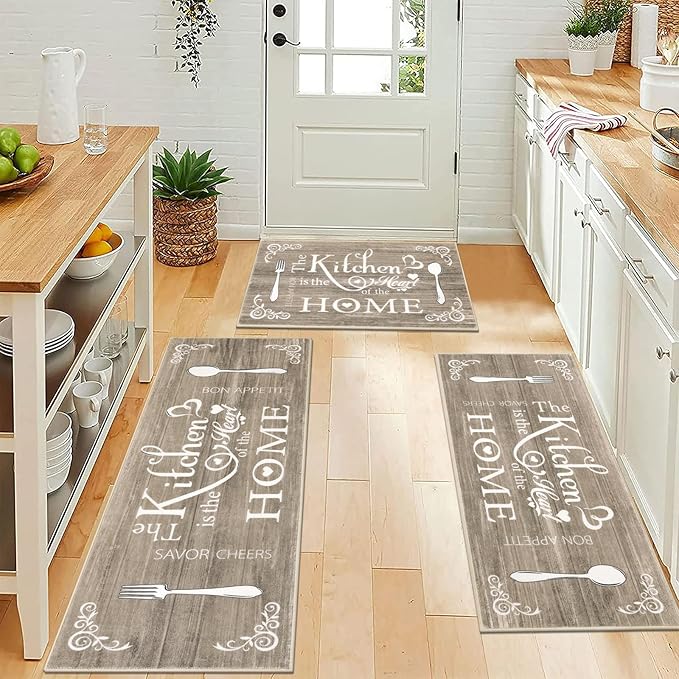 Vaukki Boho Kitchen Rug Sets 3 Pieces, Washable Kitchen Mats for Floor, Non Slip Soft Kitchen Area Rug Floor Mat for Kitchen, Laundry Room and Hallway (Dark Brown, 20''x32''+20''x47''+20''x59'')