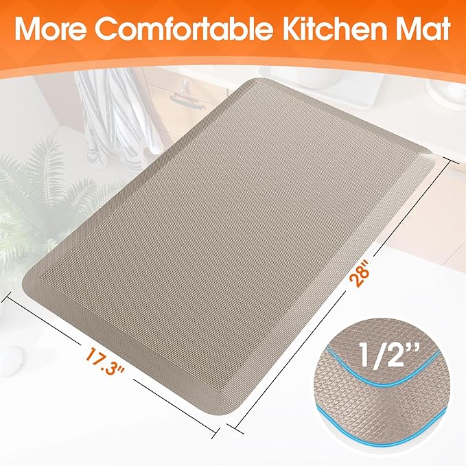 TranquilRelax Kitchen Mat, Cushioned Thick Floor Comfort Mat, with Non-Slip Bottom, Waterproof & Stain Resistant & Easy Clean, Standing Desk Mat for Kitchen, Sink, Office (17.3''x28'', Khaki)