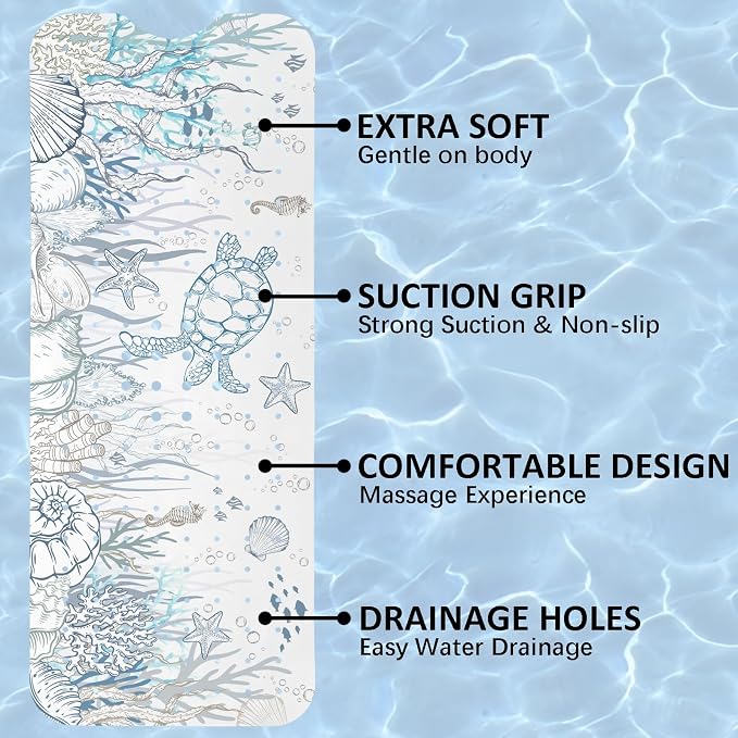 Sea Turtle Bathtub Mat Non Slip, Cute Baby Bath Mat for Tub Rubber Tub Mat, Kids Bath Mats for Bathroom Undersea Anti Slip Shower Mat with Suction and Drain Holes Machine Washable, 40″X16″