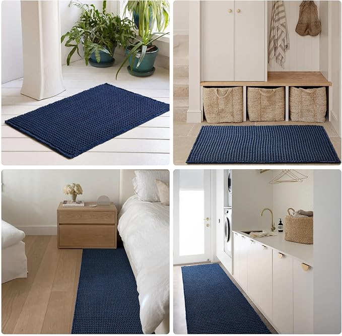 TYUU Waffle Bath Mat, Boho Bathroom Rugs Non Slip Washable Super Absorbent Quick Dry Bath Mat Farmhouse Bathroom Decor, 36"x24" Navy Blue