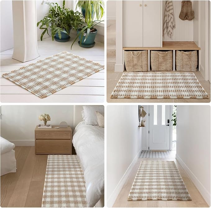 TYUU Waffle Runner Rug Bathroom, Long Boho Bathroom Rugs Non Slip Washable Absorbent Checkered Bathroom Mat Quick Dry Farmhouse Bath Mat, 72"x24" Khaki and White