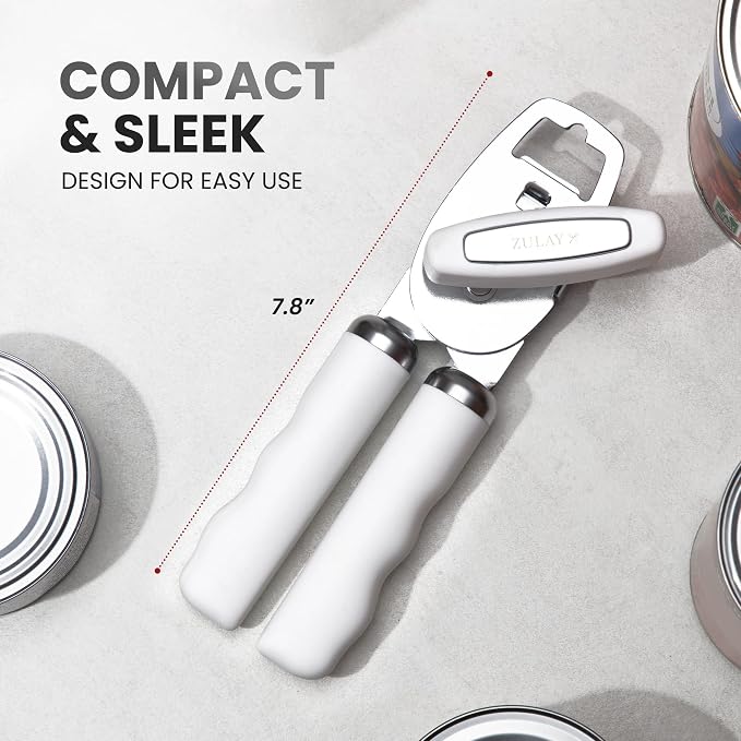 Zulay Kitchen Heavy Duty Stainless Steel Can Opener Manual with Bottle Opener - Rust Proof Manual Can Opener With Turn Knob & Comfy Soft Grip Handles - White