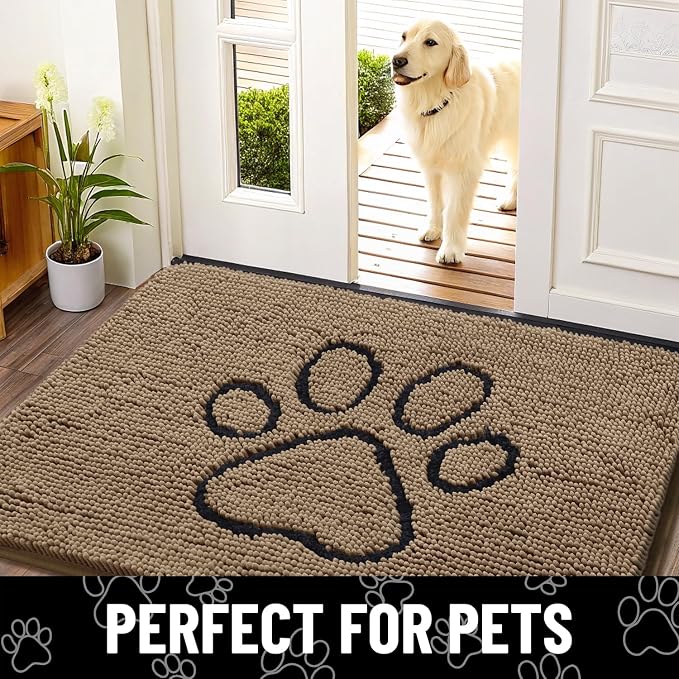 Smiry Dog Door Mat for Muddy Paws, Absorbent Dirt Trapper Non Slip Quick Dry Washable Chenille Mat for Mud Dogs, Entry Rug for Indoor and Outdoor (59x35 Inches, Camel and Black)