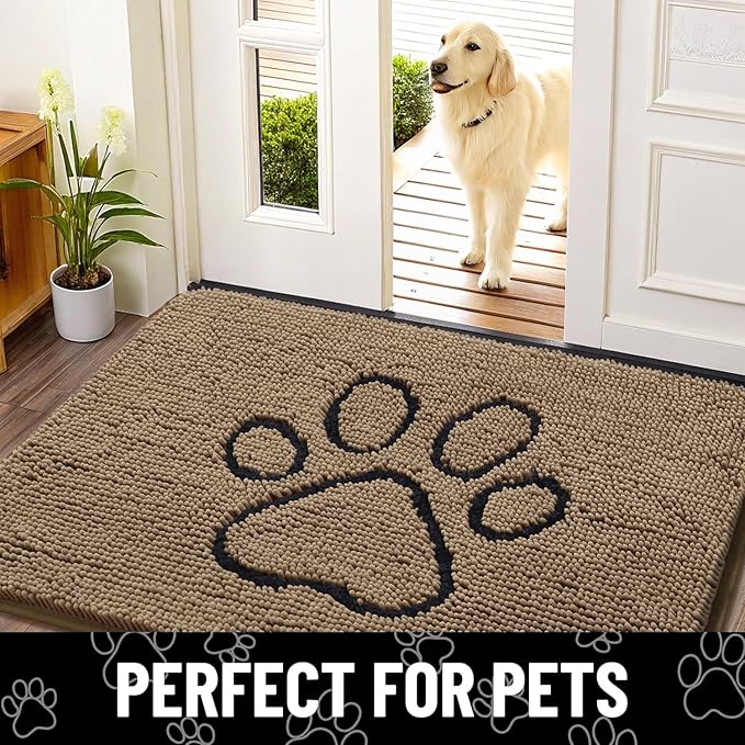 Smiry Dog Door Mat for Muddy Paws, Absorbent Dirt Trapper Non Slip Quick Dry Washable Chenille Mat for Mud Dogs, Entry Rug for Indoor and Outdoor (59x32 Inches, Camel and Black)