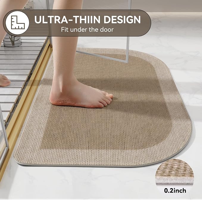 YDKGL Bathroom Rugs Mat 20x31, Ultra Thin Non Slip Bath Mats for Bathtub Quick Dry Absorbent Rubber Bathroom Mat Fit Under Door, Washable Half Round Bath Rugs, Beige Brown