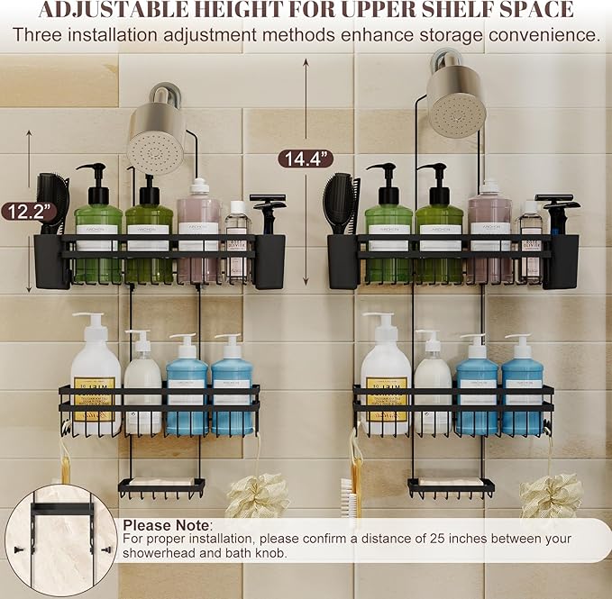 Shower Caddy Hanging for Bathroom Organizers and Storage,3 Tier Adjustable Anti-Swing Shower Organizer Hanging with Heavy-Duty Suction Cups, Damage-Free Rustproof (Black)