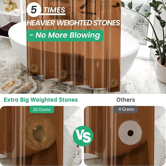 AmazerBath Premium EVA Shower Curtain Amber, Luxury Shower Curtain Clear Brown Jelly-Like Soft, Waterproof Clear Brown Shower Liner with 3 Weighted Stones and 12 Grommets, Recyclable Packaging