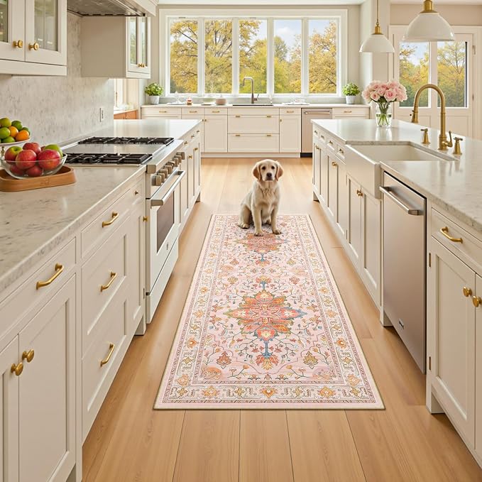 RELEANY Area Rugs Runner 2'x5' Washable Non-Slip, Floral Vintage Distress Medallion Carpet for Kitchen Hallway Bedroom Beside Laundry Room Bathroom, Light Pink Colorful