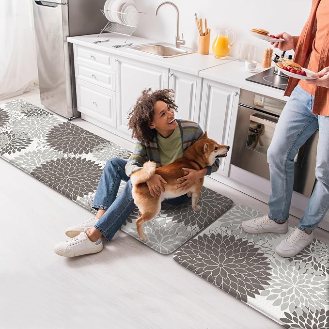 Anti Fatigue Kitchen Mats,Non Slip Boho Dahlia Kitchen Rugs Sets 2 Piece, Waterproof Farmhouse Kitchen Mat for Floor,Cushioned Standing Mat for Office,Laundry,Sink,Desk,Grey