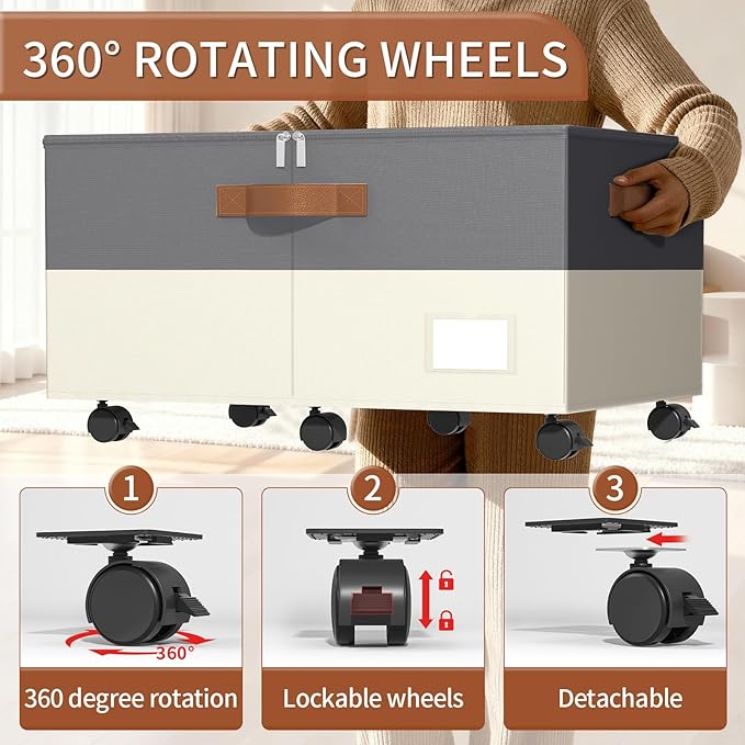Foyego Shoe Organizer for Closet, Shoe Storage Organizer with Wheels and Adjustable Dividers, Stackable Shoe Storage Box with Clear Cover, Closet Shoe Organizer Fits up to 24-48 Pairs, Gray and Beige