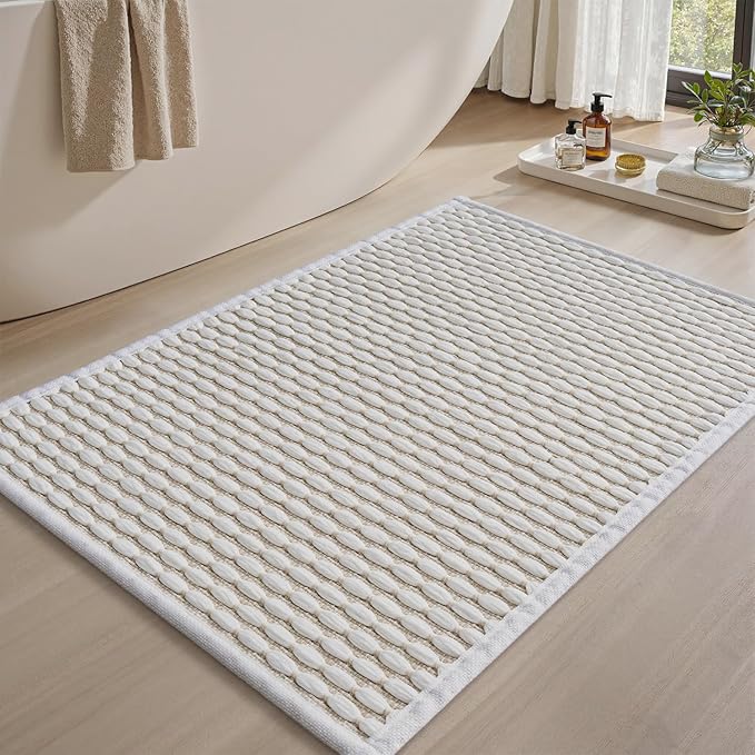 AMOAMI Unique Woven Bath Mat, Super Absorbent Non Slip Bath Mats for Bathroom Floor Textured Bathroom Mat Quick Dry Washable Boho Thin Bathroom Rugs for Beside Tub, 20" x 32", White