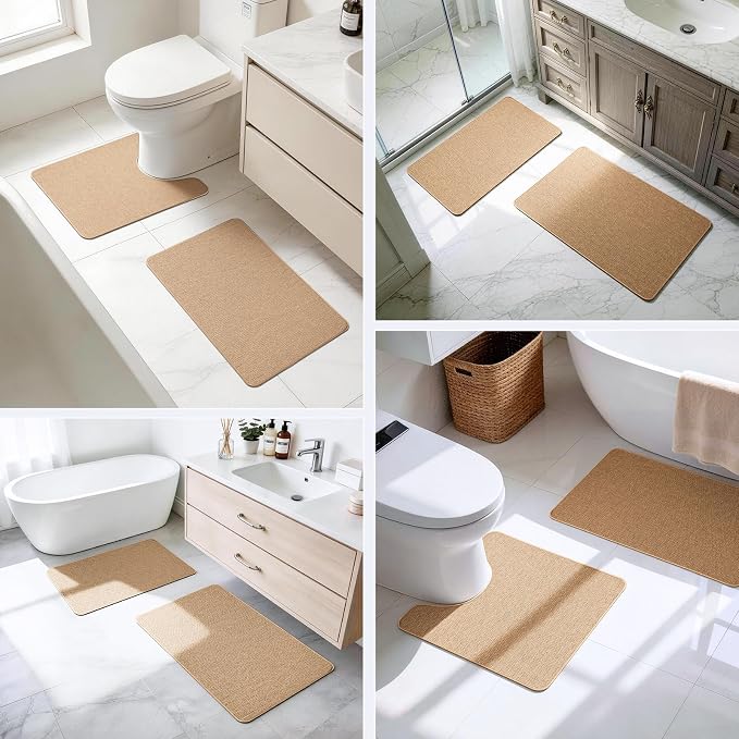 Bathroom Rugs Sets 2 Piece, Thin Bath Mat & U-Shaped Contour Toilet Rug Absorbent Quick Dry, Machine Washable, Non Slip Low Pile Bath Mats for Bathroom/Tub/Sink/Shower (30"x20" Plus 24"x20" U, Khaki)