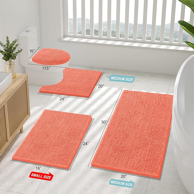Smiry Luxury Chenille Bathroom Rugs 47x24, Extra Soft and Absorbent Shaggy Bath Mat, Machine Washable, Non-Slip Plush Carpet Runner for Tub, Shower, and Floor, Home Decor Accessories, Coral