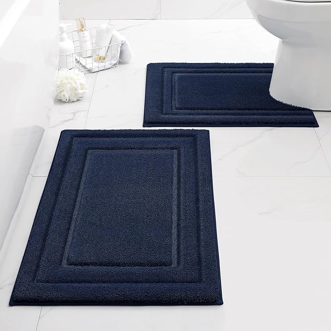 HOMEIDEAS Bathroom Rugs Sets 2 Piece, Super Soft and Absorbent Non Slip Microfiber U-Shaped Toilet Bath Mat Set (20"x32"+U20 x24, Navy Blue)
