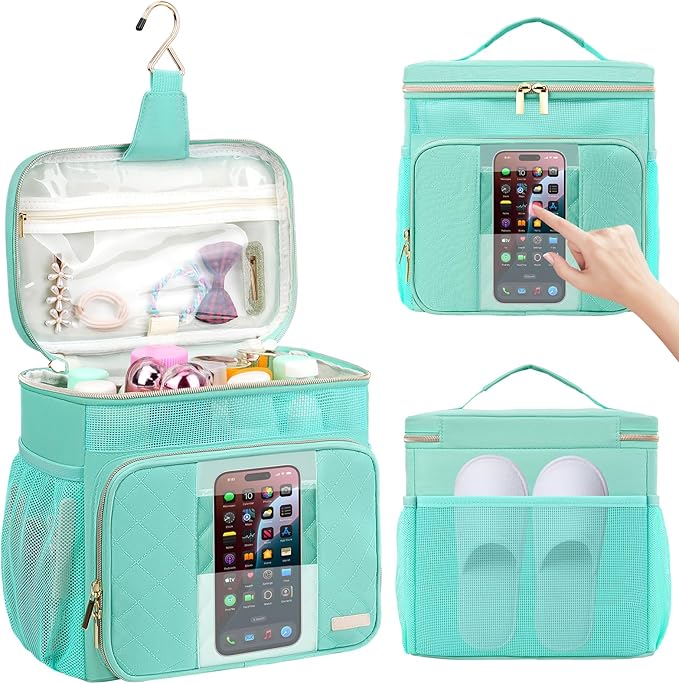 Portable Shower Caddy College Dorm Essentials(Full Size Bottle Compatible), Toiletry Bag for Women Men, Hanging Makeup Organizer Bag for Travel,Gym & Camping, Mint Green