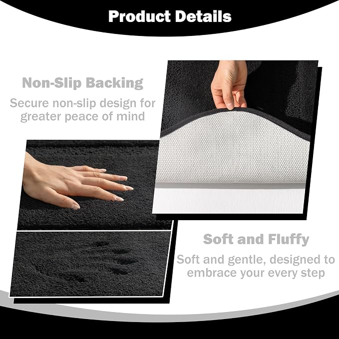 Bathroom Rug Mat, Extra Soft Absorbent Washable Bath Rug, Non-Slip Bath Mats for Bathroom, Tub and Shower, Black, 24×36