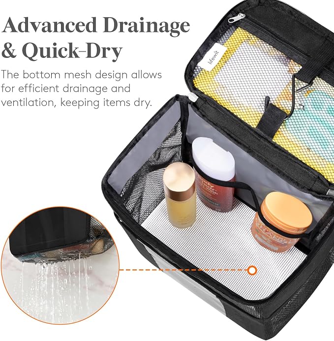 Lifewit Mesh Shower Caddy Bag Portable, Quick Dry Hanging Bathroom Organizer with PVC Phone Bag, College Dorm Room Essentials for Travel, Gym, Camping, Toiletry Tote for Women Men, Large, Black