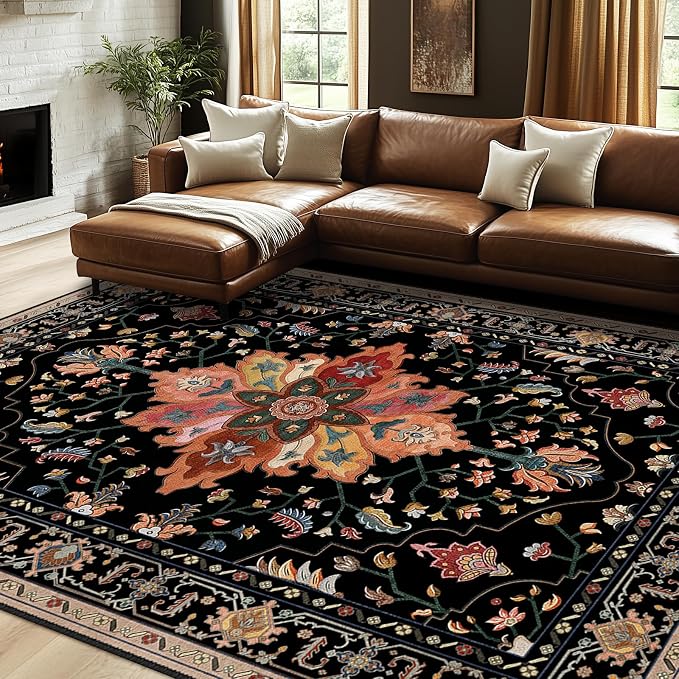 RELEANY Area Rugs 7'x10' Washable Non-Slip, Floral Vintage Distress Medallion Carpet for Living Room Bedroom Dining Room, Black Colorful Floral Dark Tan
