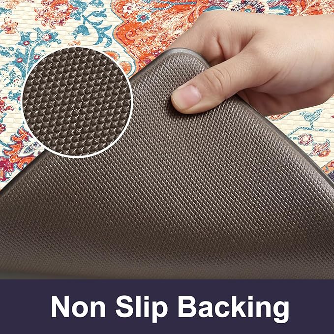 KIMODE Anti Fatigue Kitchen Mat, Boho Vintage Kitchen Rugs Sets of 2, Cushioned Non-Slip Kitchen Mats for Floor, Comfort Kitchen Floor Mats for Sink, Laundry, Desk Orange/Purple,17"x47"+17"x29"
