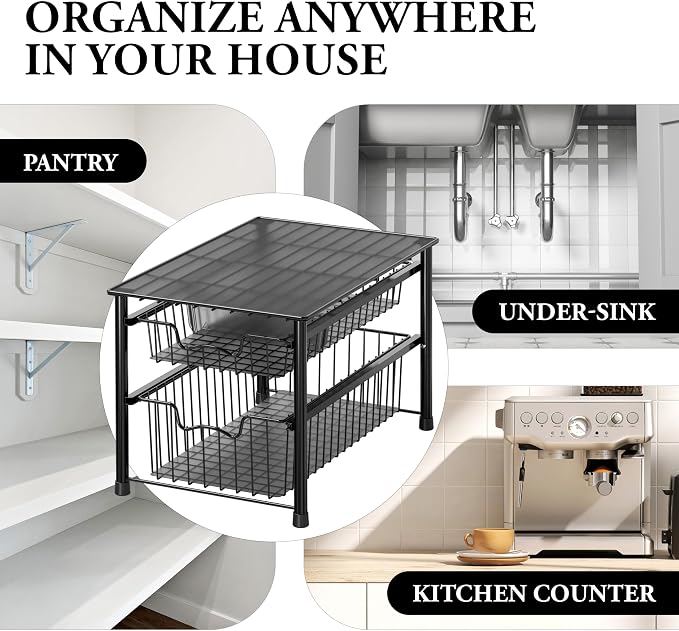 Simple Houseware Stackable Sliding Basket Organizer Drawer, Black, 2-Tier