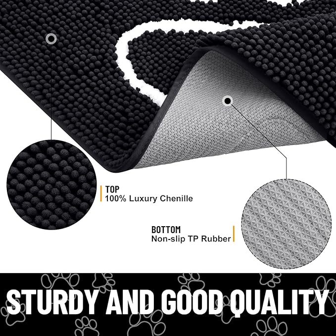 Smiry Dog Door Mat for Muddy Paws, Absorbent Dirt Trapper Non Slip Quick Dry Washable Chenille Mat for Mud Dogs, Entry Rug for Indoor and Outdoor (34x21 Inches, Black and White)