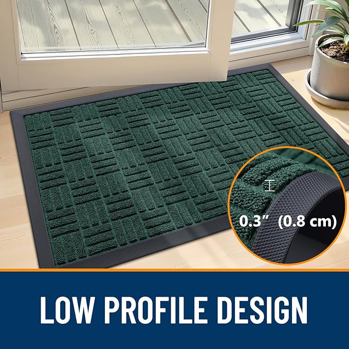 OLANLY Front Door Mat Outside Entrance 35x23, Absorbent, Heavy Duty Sturdy Natural Rubber Doormat Indoor Outdoor, Non-Slip, Stain and Fade Resistant, Low Profile Floor Mat for Entryway, Black Green