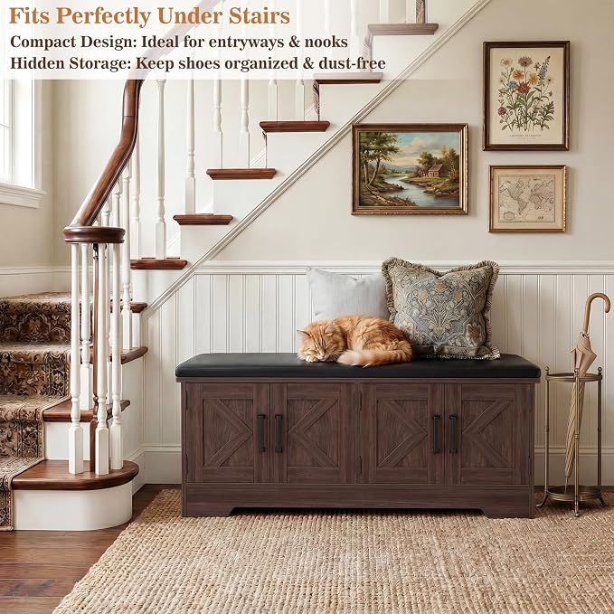 Farmhouse Shoe Storage Bench with Cushion - 43.3" Entryway Bench with Storage & 4 Barn Doors, 2-Tier Wooden Shoe Rack Bench, Shoe Cabinet & Mudroom Bench for Bedroom Hallway Living Room, Black Walnut