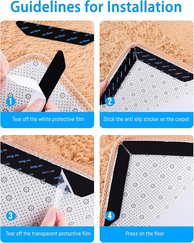 32 PCS Reusable Washable Grippers for Rugs, Highly adhesive and thin，Removable Rug Tape,Double Sided Non-Slip Rug Pads for Hardwood Floors and Carpet Corners,Keep Area Rugs Corners from Curling .