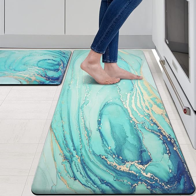 MAYHMYO Kitchen Rugs and Mats Set of 2 Teal Marble Gold Anti Fatigue Mat PVC Non Slip Turquoise Foam Cushioned Kitchen Mats for Floor,17.3 x 29 x 0.4 inch + 17.3 x 59 x 0.4 inch