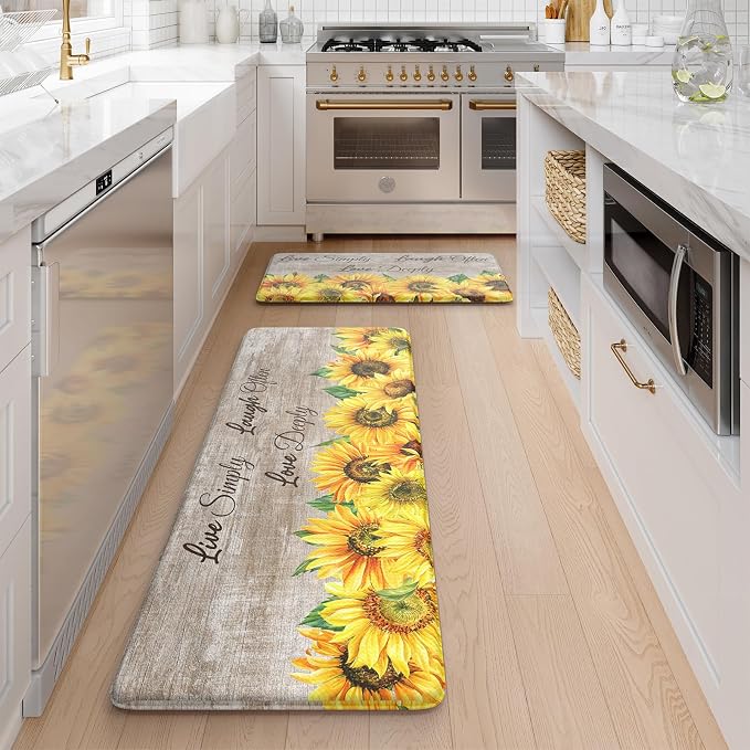 KIMODE Anti Fatigue Kitchen Mat for Floor, Farmhouse Sunflower Kitchen Rugs 2 PCS, Kitchen Floor Mats Non-Slip Cushioned, Comfort Standing Mat for Sink, Laundry, Desk Brown 17"x47"+17"x29"
