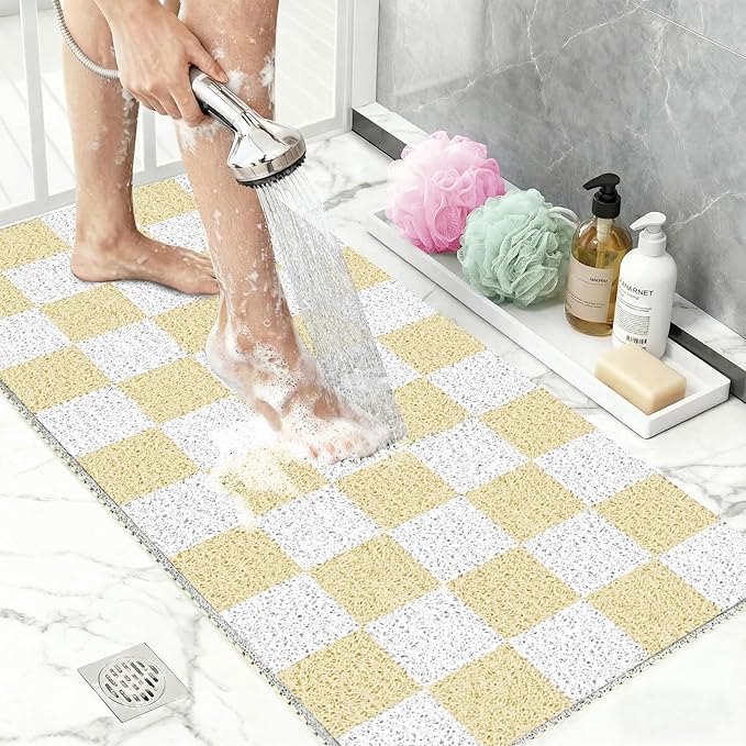 Square Loofah Shower Stall Mat 24"x24", Quick Drying Shower Mats with Drain, PVC Loofah Bath Mat for Wet Room & Bathroom Floor, Soft Textured & Elderly Safe, Washable & Resistant, Beige Checkered