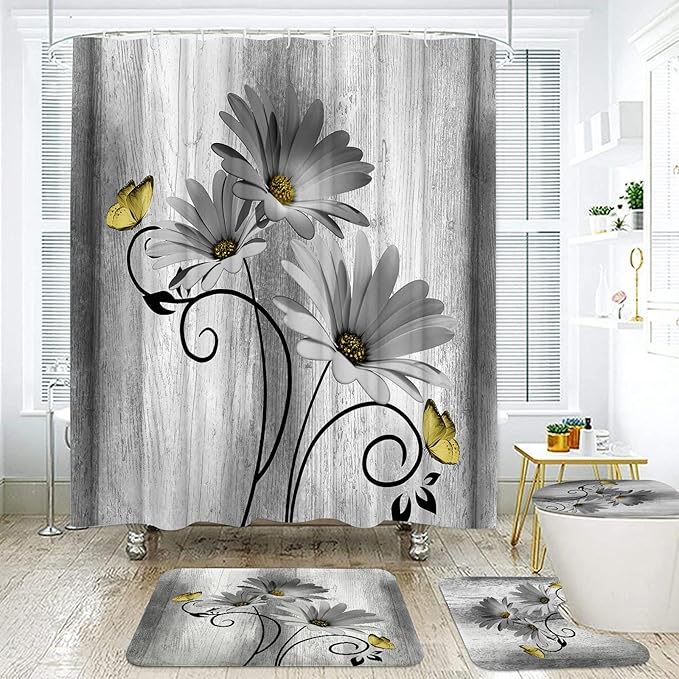 Onalasyc 4PCS Grey Daisy Flowers Butterfly Shower Curtain Set with Shower Curtain and Carpet and Accessories, Waterproof Bathroom Shower Curtain Decorative Set with 12 pcs Hooks,71 x 71in