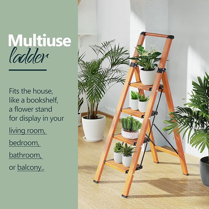 WOA WOA 4 Step Ladder, Ladders for Home, Anti-Slip Pedals, Aluminum Step Stool Foldable, Lightweight to Move, Ease of Storage, Reach 9ft for Closet Kitchen Library, Hold 300lbs - Wood Grain