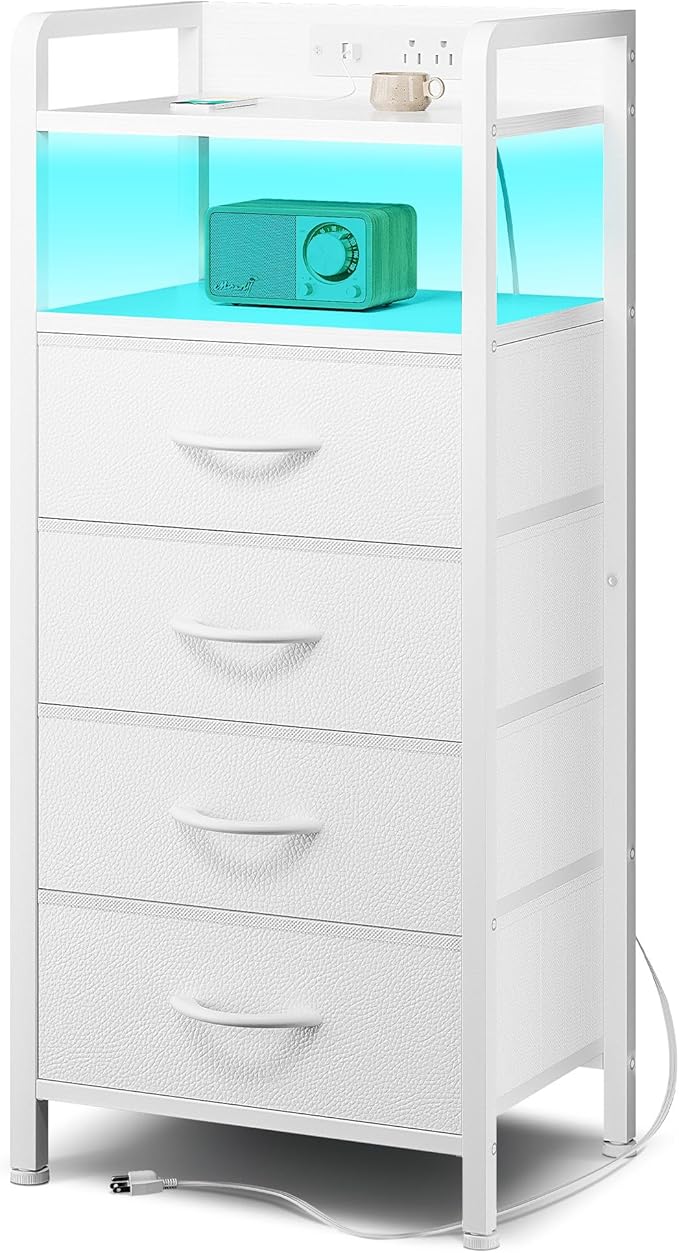 Lazzanto Night Stand Bedside Charger Bedroom - Nightstand with Charging Station, 2 U-S-B Ports & 2 AC Outlets, Tall Bed Side Table with LED Light Strip, Storage Shelf & 4 Fabric Drawers, White