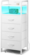 Lazzanto Night Stand Bedside Charger Bedroom - Nightstand with Charging Station, 2 U-S-B Ports & 2 AC Outlets, Tall Bed Side Table with LED Light Strip, Storage Shelf & 4 Fabric Drawers, White