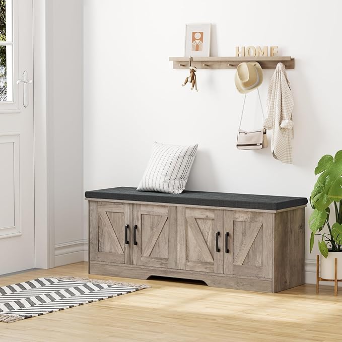 HOMSHO 2-Tier Storage Bench, 47.2" Wide Shoe Bench with Padded Seat Cushion, Entryway Bench with 4 Barn Doors and Adjustable Shelf, Greige