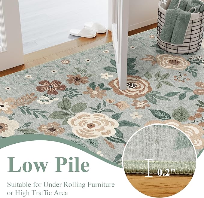 DUKINO 5x7 Area Rug, Floral Design, Lightweight Non Slip Washable, Indoor Low Pile & Non-Shedding Boho Rug for Bedroom, Living Room, Dining Room, Sage Green