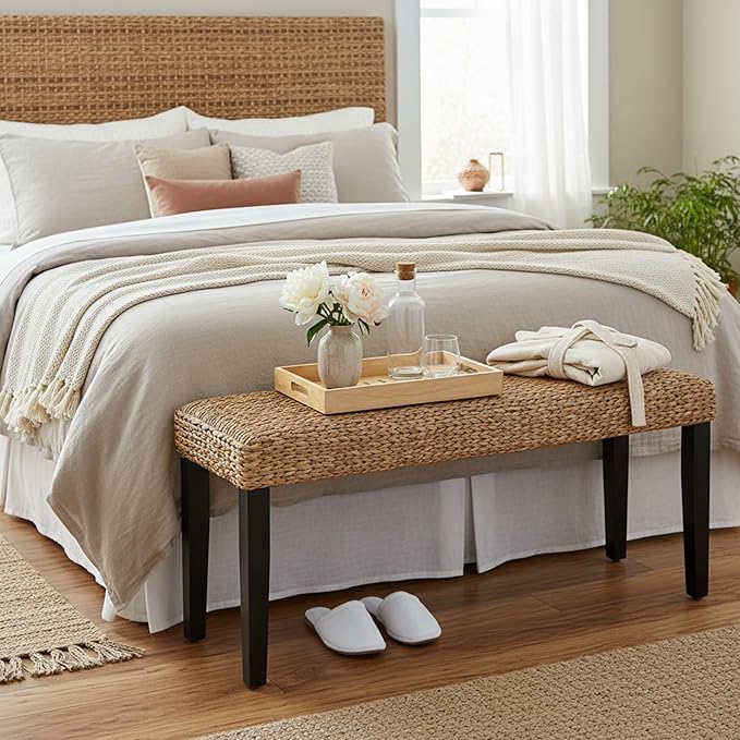 Entryway Bench with Solid Wood Acacia, 47" End of Bed Bench for Bedroom, Water Hyacinth Indoor Bench Seat, Boho Woven Bench for Living Room, Wicker Bench for Hallway or Kitchen, Wood Bench (Black Leg)